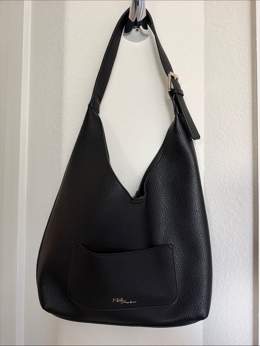 Mali + Lili Vegan-Leather Black Pebbled Shoulder Bag with Front Pocket